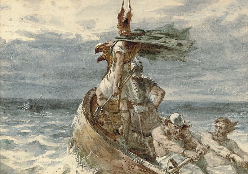 A viking chieftain on his boat, with the men behind him rowing, atop a rough sea.
